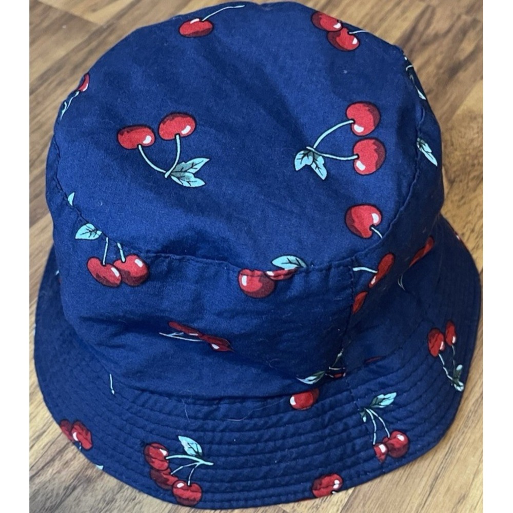 Cherry Print Bucket Hat Navy Blue Red Fruit 100% Cotton Unisex Summer Beach Cap